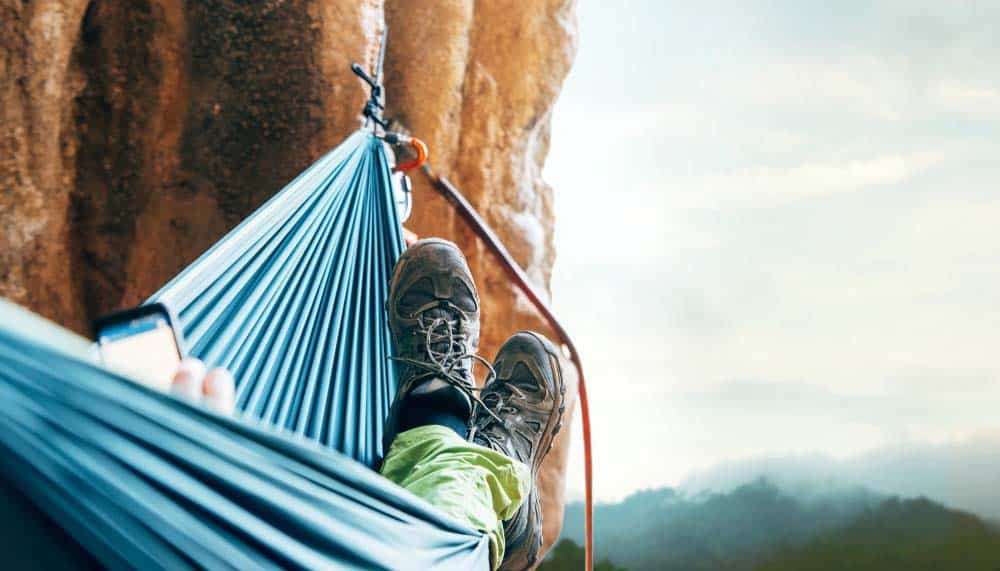 climber resting in hammock