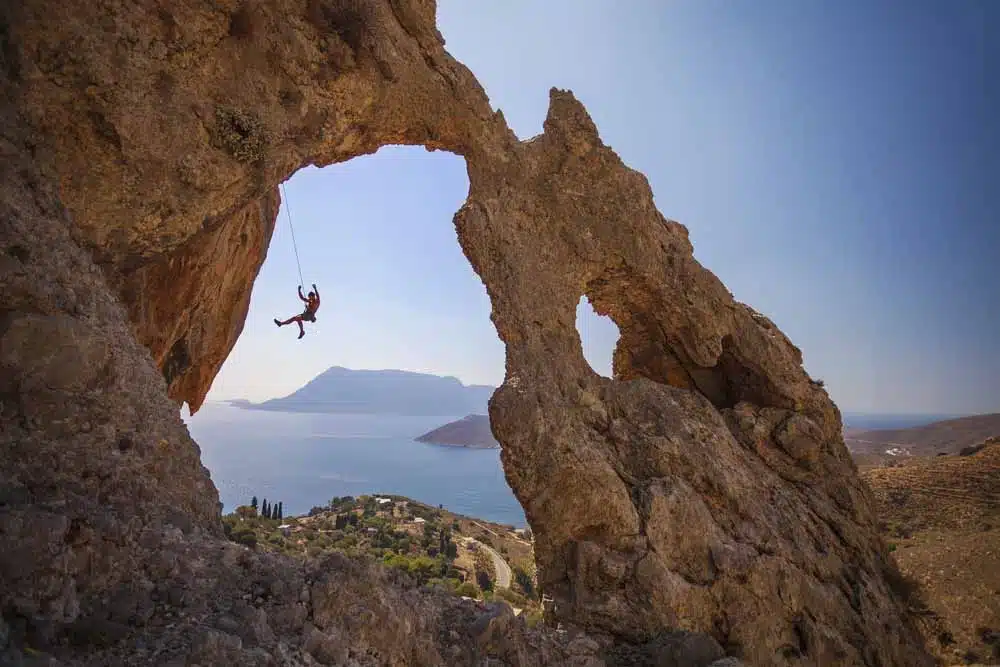 climber falling off an arch in kalymnos