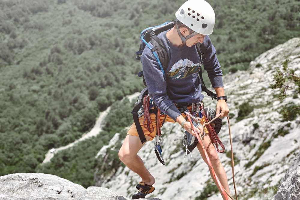 climber showing how to belay from an anchor