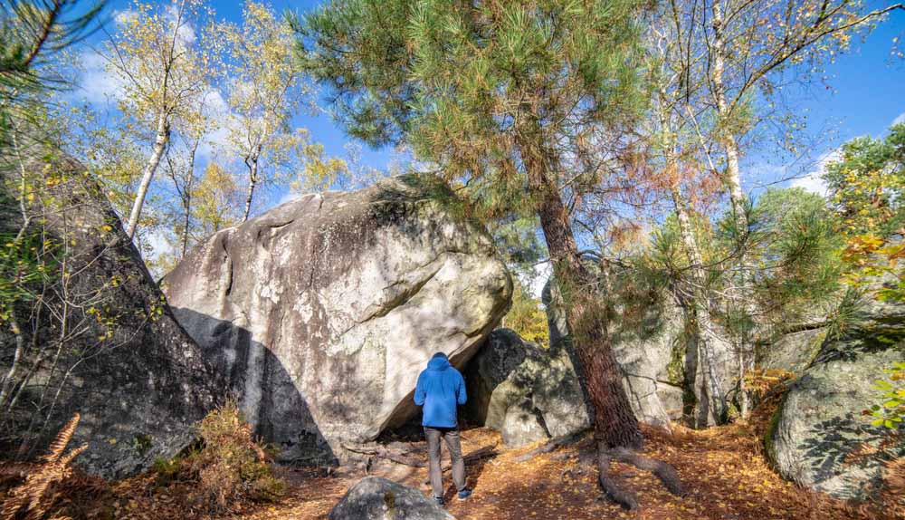 man preparing to boulder in fontainbleu