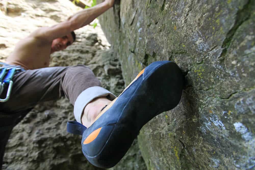 climber using right foot to smear